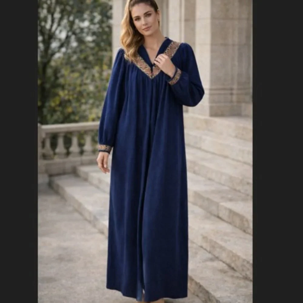 Vintage Vanity Fair Velour Robe Women's L Navy Blue Zip Housecoat‎ Cozy Lounge